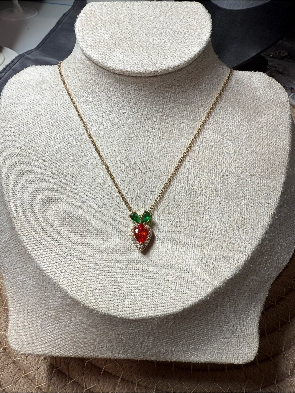 Gold-Tone Strawberry Charm Necklace with Red and Green Crystals stainless steel
